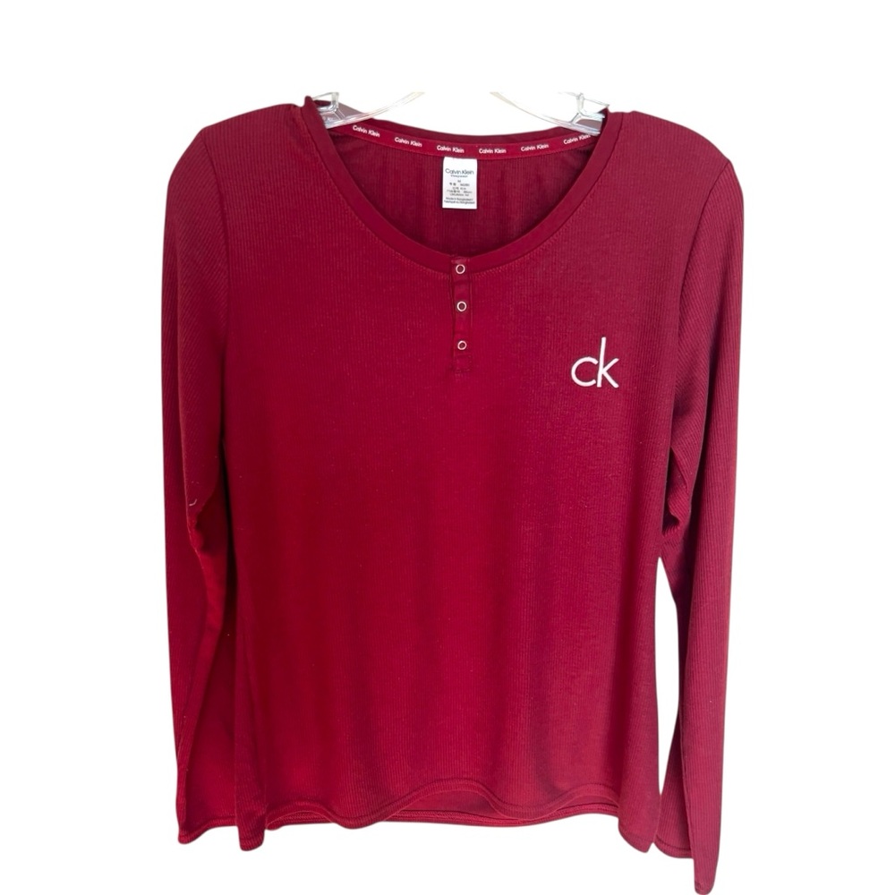 Calvin Klein Women’s Burgundy Ribbed Long-Sleeve Henley Pajama Top Size Medium